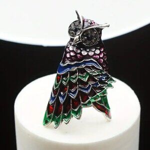 Owl Enamel Brooch Rhinestone Big Eyes Pin SIlver Bird Gems Coat Lapel Wings
